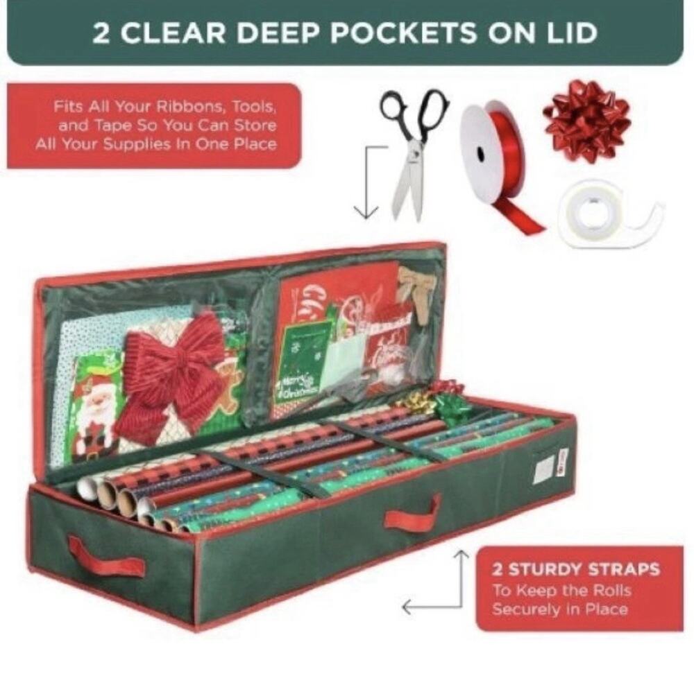 HOLDN' STORAGE Premium Wrapping Paper Storage Container - Green/Red Trim